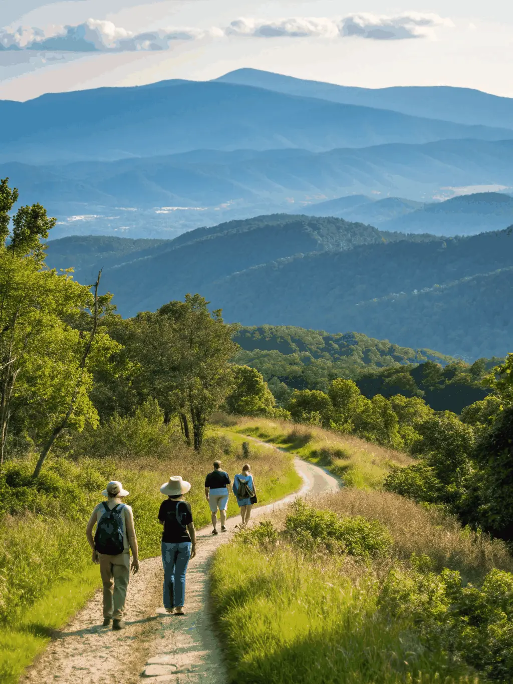 A group of people participating in a guided hiking tour through a scenic mountain trail, showcasing the 'Lifestyle' aspect of outdoor activities offered by COMITE DEPARTEMENTAL UFOLEP 19.