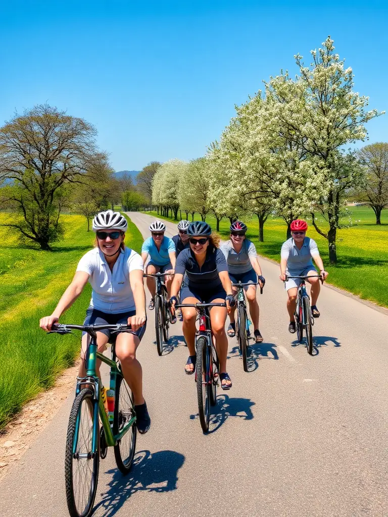A diverse group of cyclists riding on a paved path through a picturesque countryside, representing the cycling activities organized by COMITE DEPARTEMENTAL UFOLEP 19.