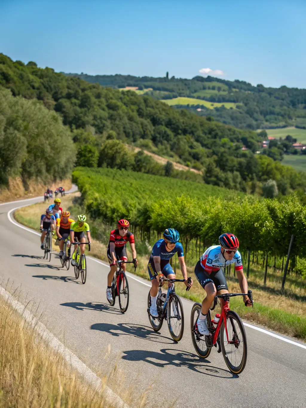 An action shot of a cycling group participating in a UFOLEP 19-organized cycling event, emphasizing speed, teamwork, and the thrill of the sport.