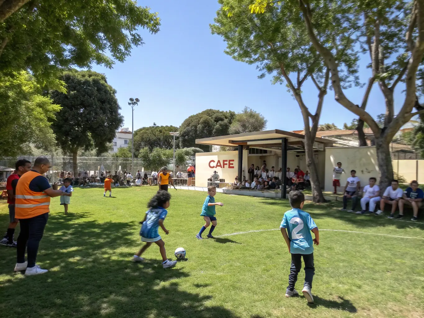 A vibrant image of children and adults playing team sports in a local park, illustrating the organization's focus on promoting physical health and social interaction through sports.