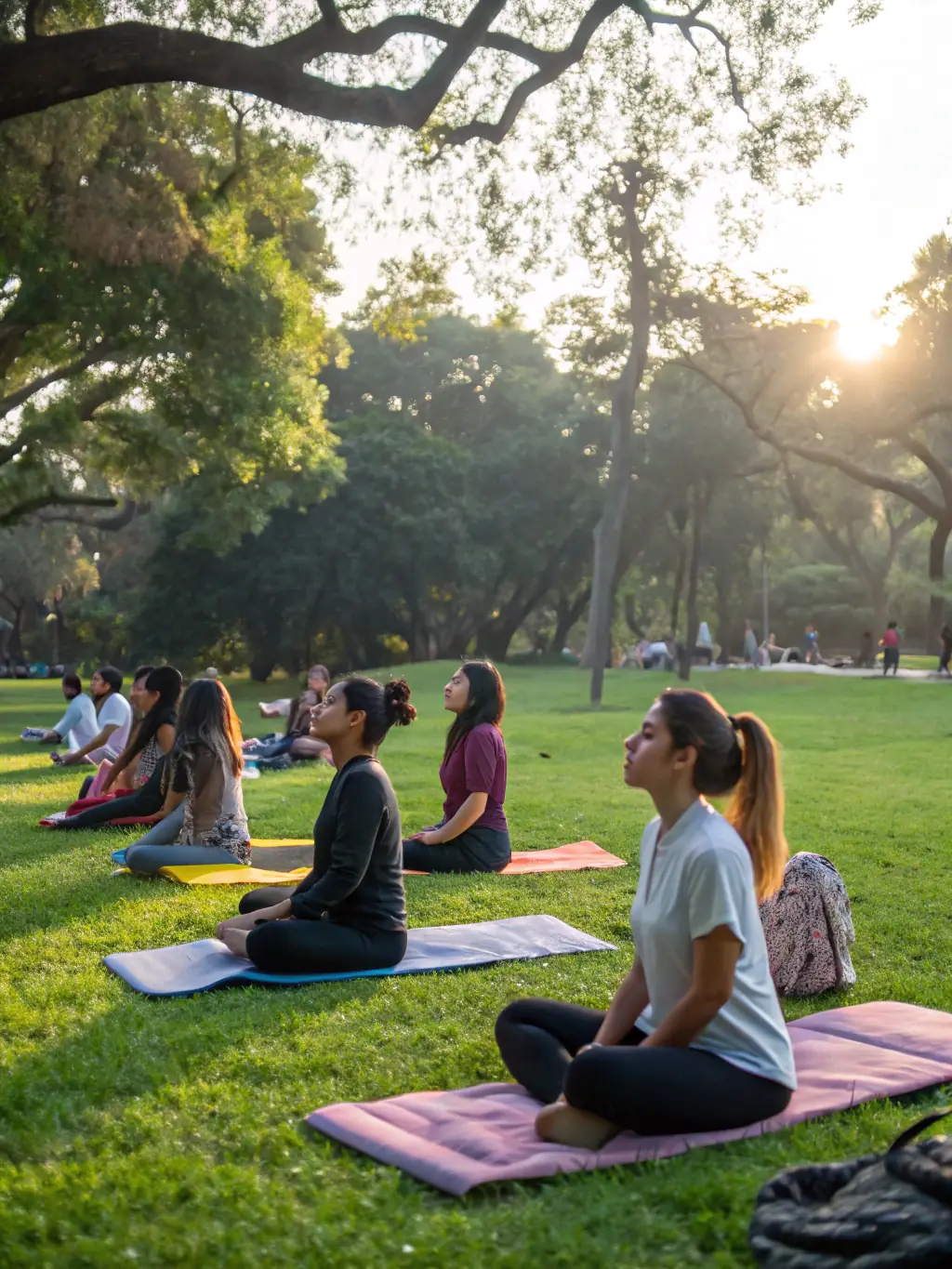 A serene image of participants practicing yoga outdoors, emphasizing the relaxation, mindfulness, and health benefits promoted by UFOLEP 19.