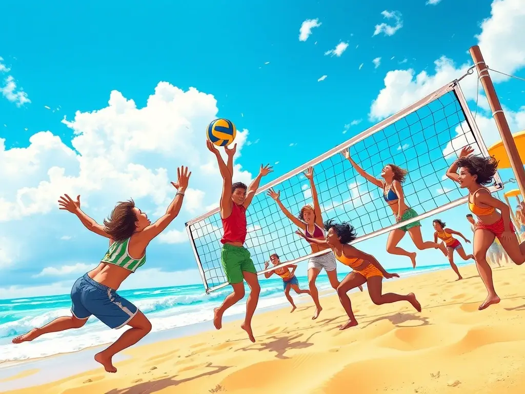 A vibrant photo of a team participating in a beach volleyball tournament, highlighting a new team sports activity organized by COMITE DEPARTEMENTAL UFOLEP 19.