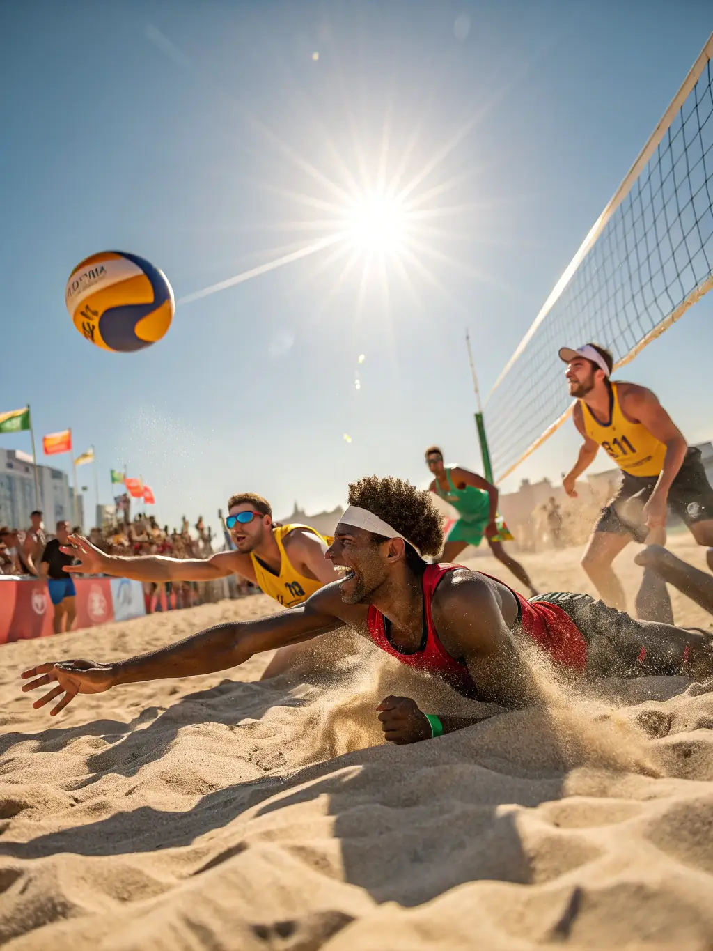 A team playing a friendly game of volleyball on a sunny beach, illustrating the team sports activities facilitated by COMITE DEPARTEMENTAL UFOLEP 19.