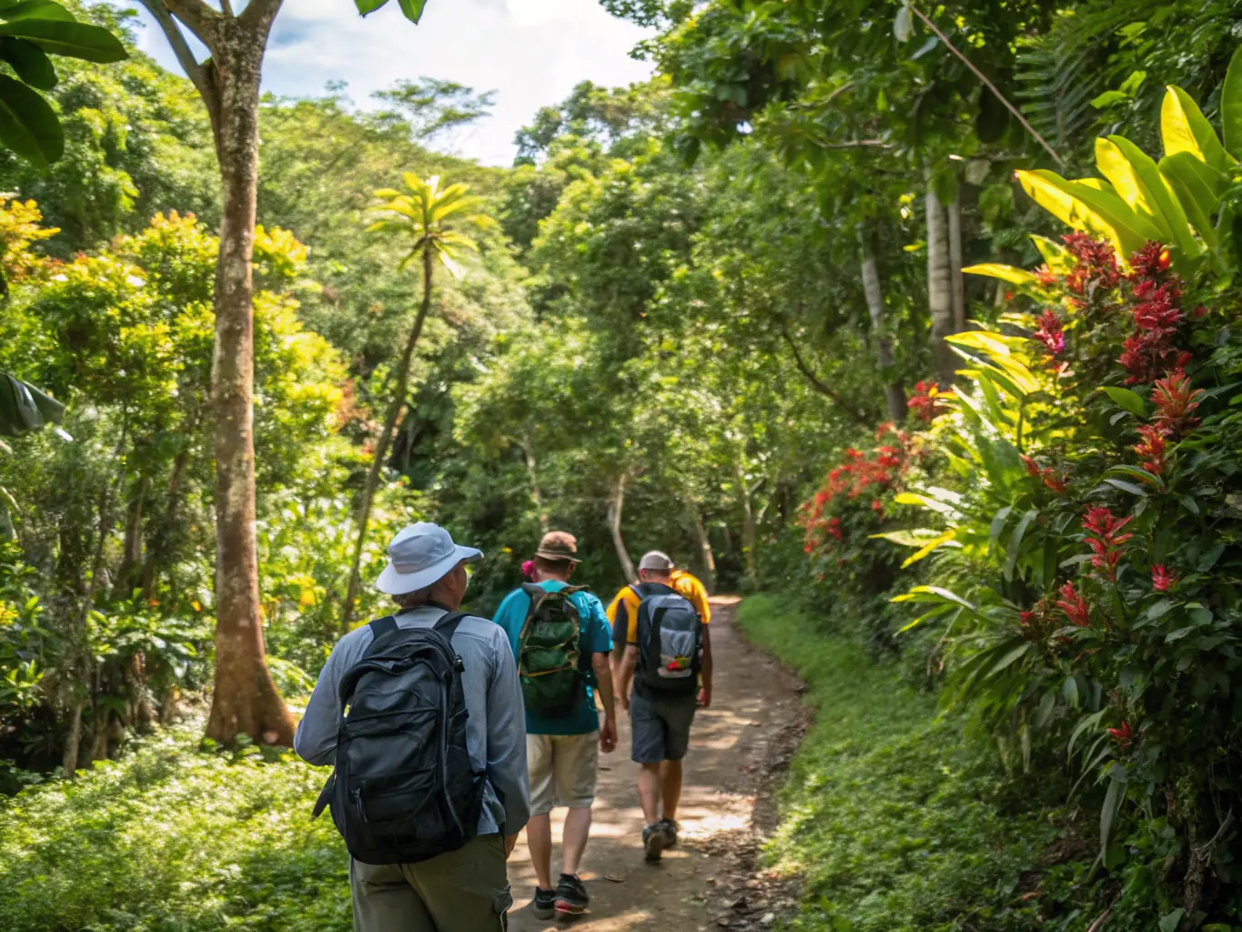 A group of diverse individuals participating in a guided hiking activity in a lush, green forest, showcasing the organization's commitment to outdoor sports and community engagement.