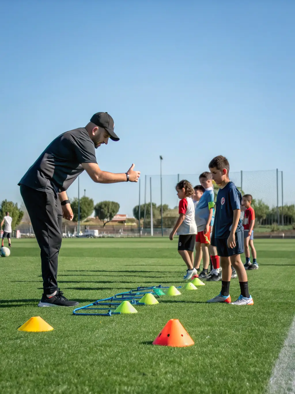 A group of children learning basic sports skills under the supervision of a certified instructor, highlighting the youth sports programs provided by COMITE DEPARTEMENTAL UFOLEP 19 under 'Essentials'.