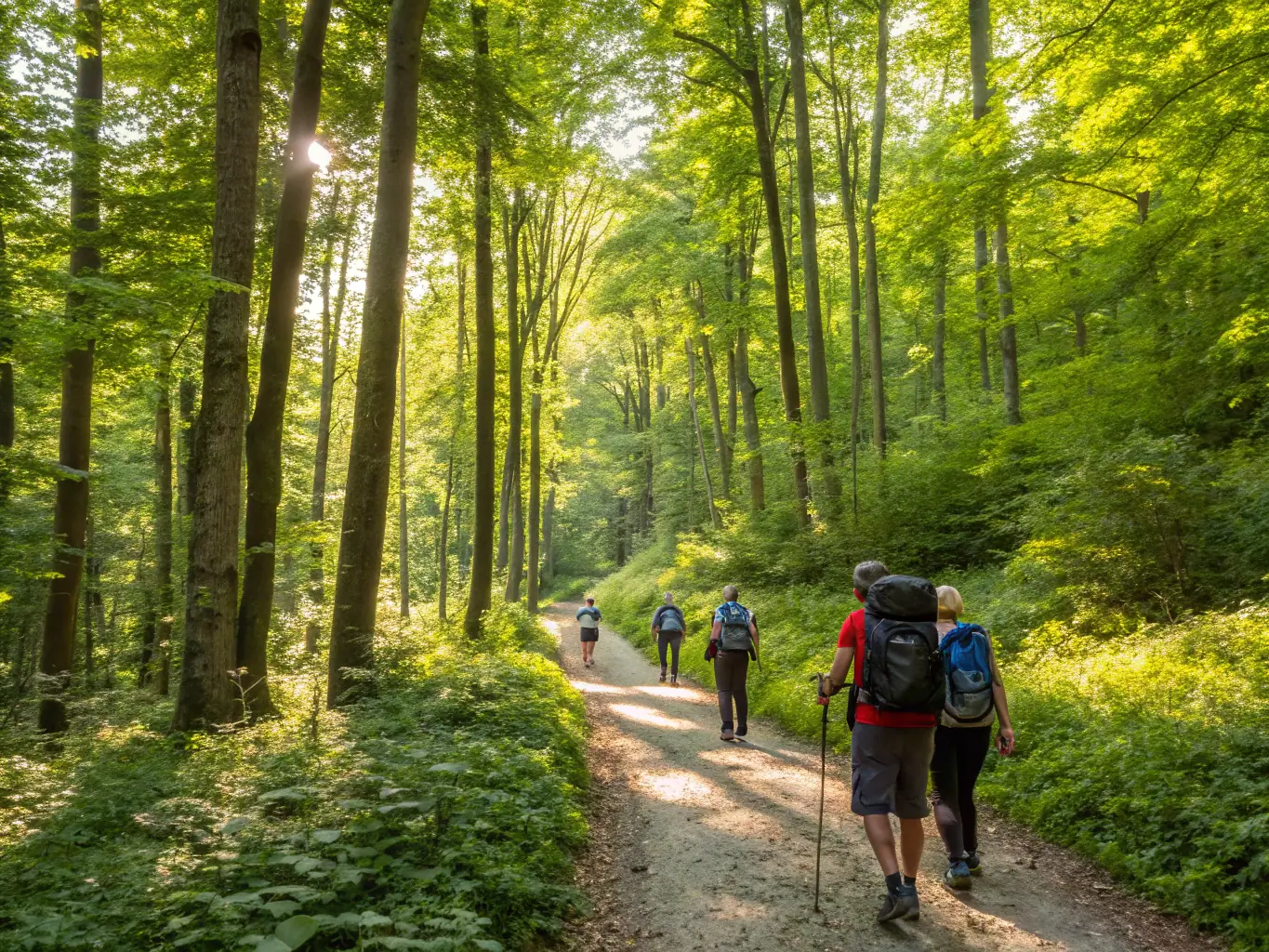 A group of diverse individuals participating in a guided hiking activity through a scenic forest trail, showcasing the health and outdoor benefits of COMITE DEPARTEMENTAL UFOLEP 19's programs.