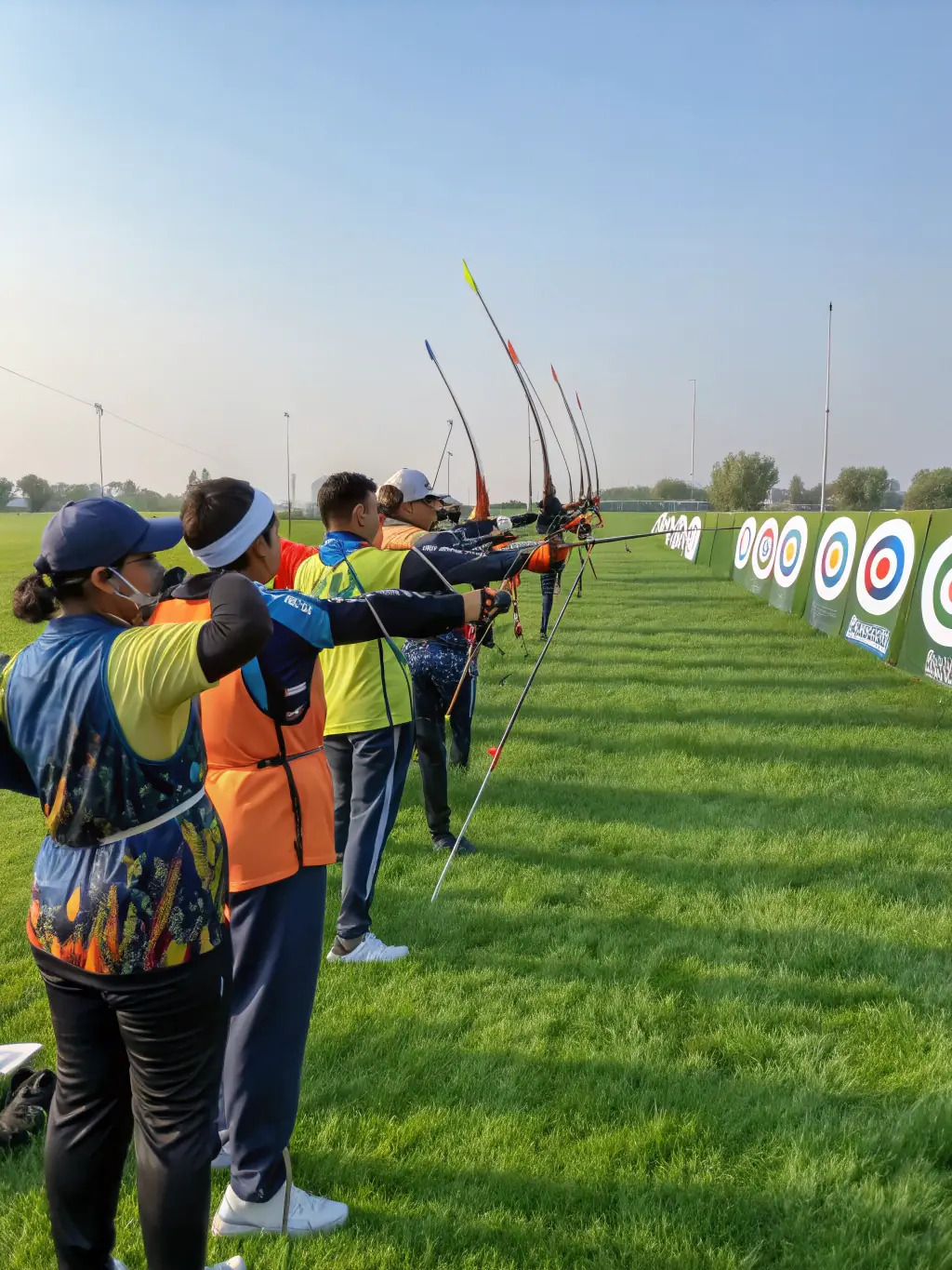 A group of children learning basic archery skills under the guidance of an instructor, demonstrating the youth-focused sports programs of COMITE DEPARTEMENTAL UFOLEP 19.