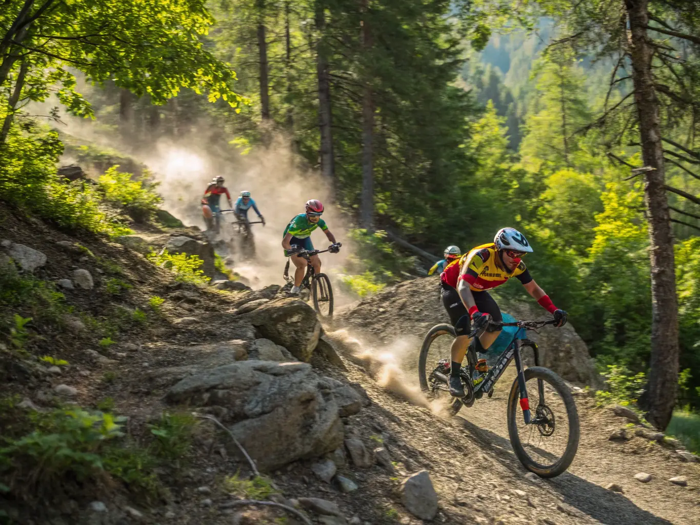 A group of cyclists riding through a scenic mountain trail, showcasing a new outdoor cycling program offered by COMITE DEPARTEMENTAL UFOLEP 19.