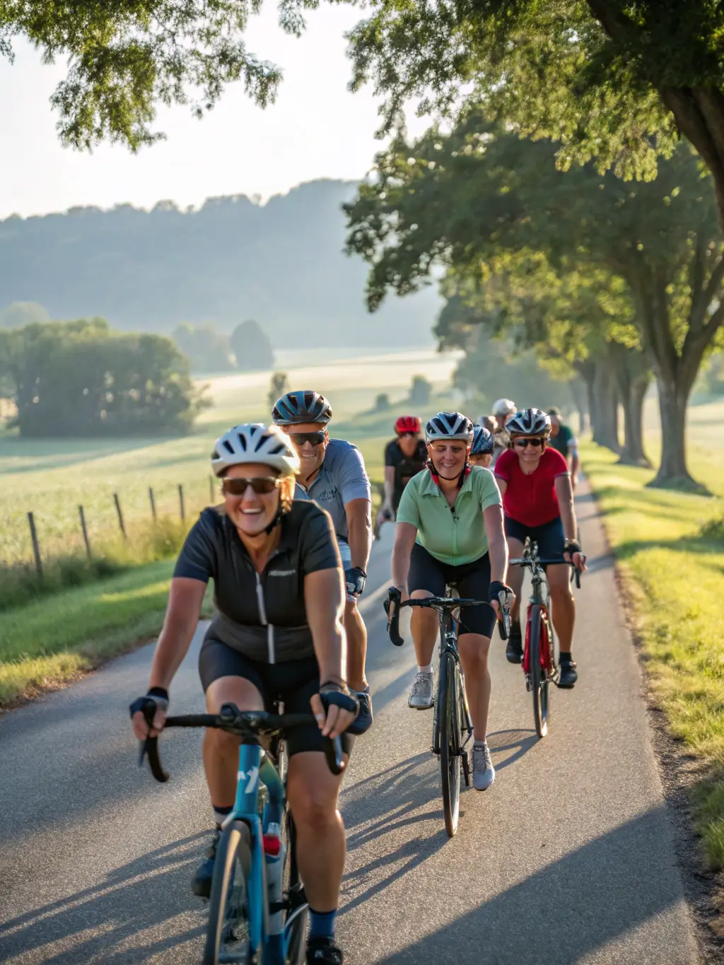 A diverse group of cyclists riding on a designated bike path, emphasizing the cycling programs available under the 'Lifestyle' category at COMITE DEPARTEMENTAL UFOLEP 19.