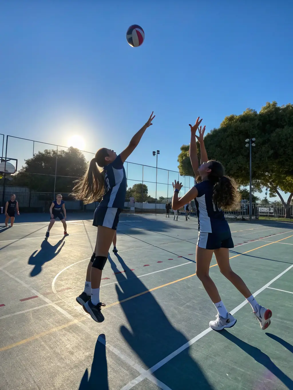 A dynamic image of a team playing a friendly game of volleyball, highlighting the fun, camaraderie, and teamwork fostered by UFOLEP 19.