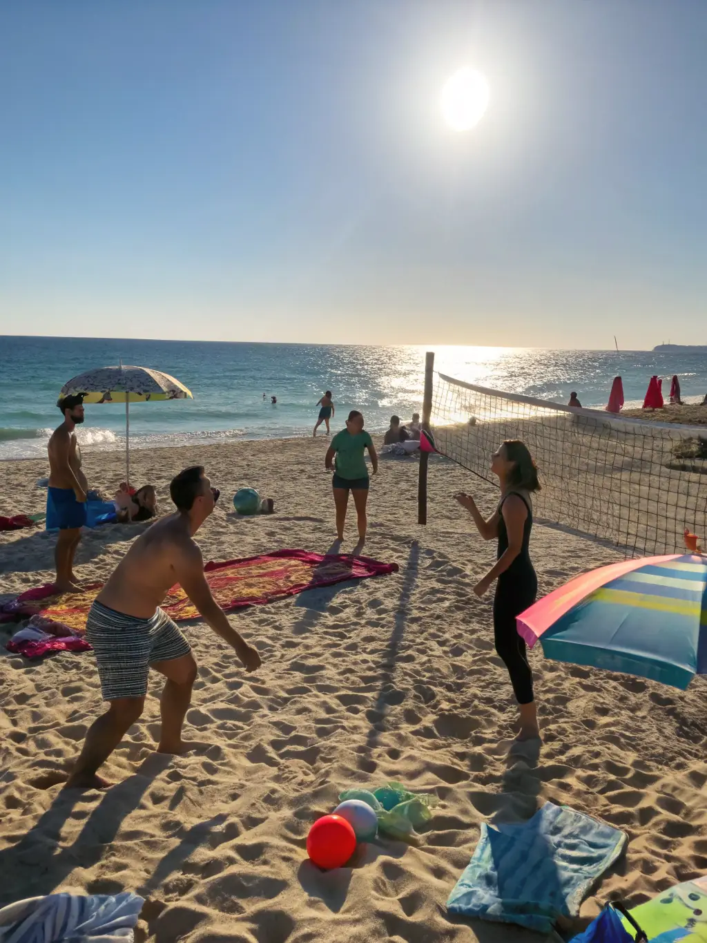 A team of individuals engaged in a friendly game of volleyball on a beach, representing the team sports activities organized by COMITE DEPARTEMENTAL UFOLEP 19 under 'Essentials'.