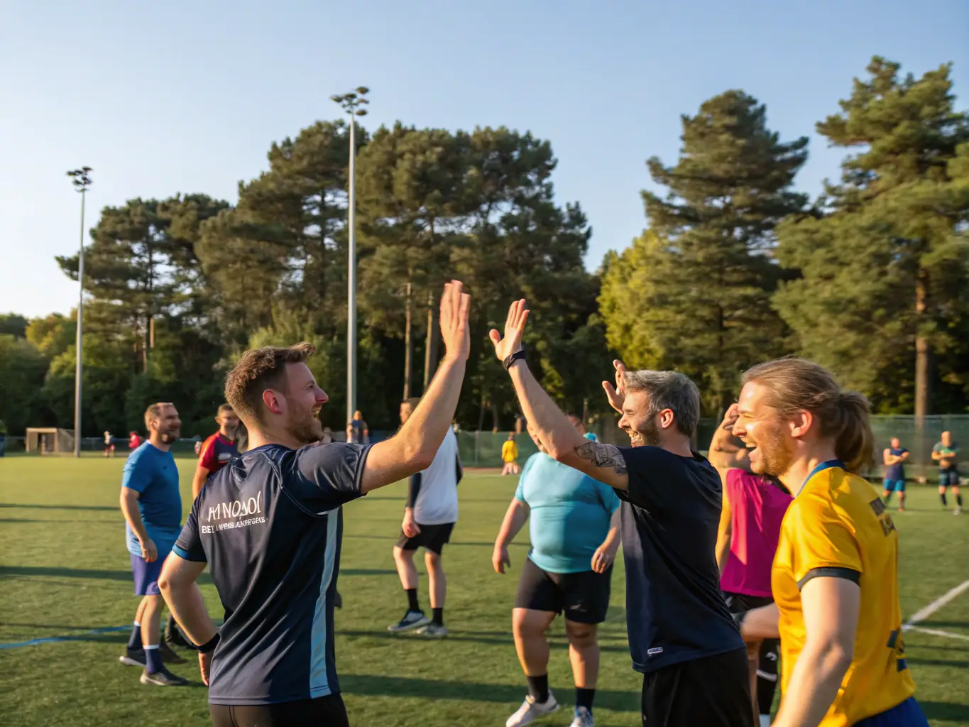 A diverse group of people laughing and interacting during a team sports event organized by COMITE DEPARTEMENTAL UFOLEP 19, emphasizing the social and community aspects.