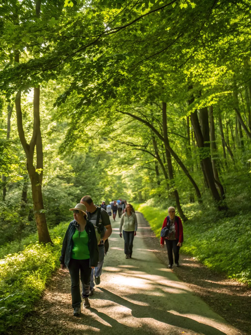 A group of people of various ages participating in a guided hiking tour through a lush forest, showcasing the outdoor sports programs offered by COMITE DEPARTEMENTAL UFOLEP 19.